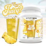 NutraBio primer plano de lista de ingredientes y 20 g proteína
