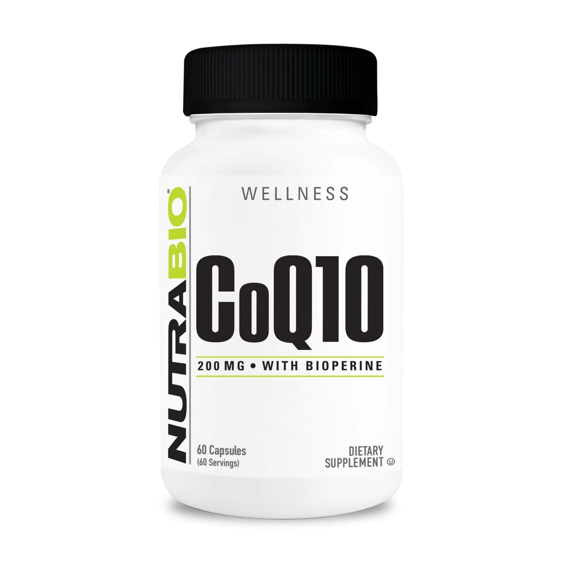 NutraBio CoQ10 frente del envase mostrando presentación de 60 cápsulas