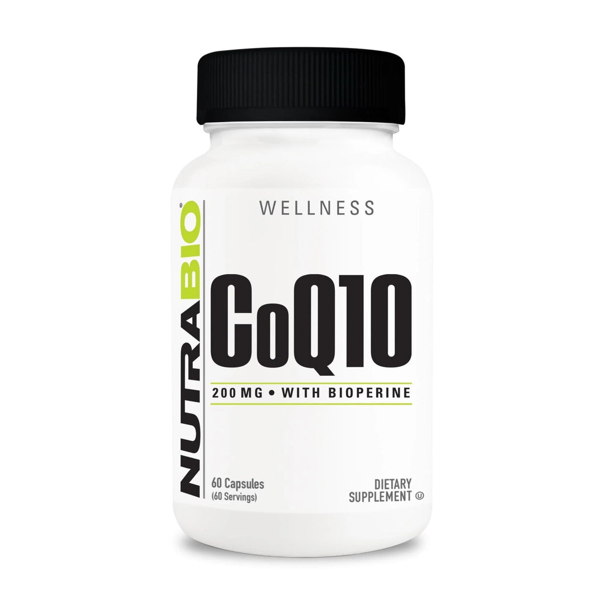 NutraBio CoQ10 frente del envase mostrando presentación de 60 cápsulas