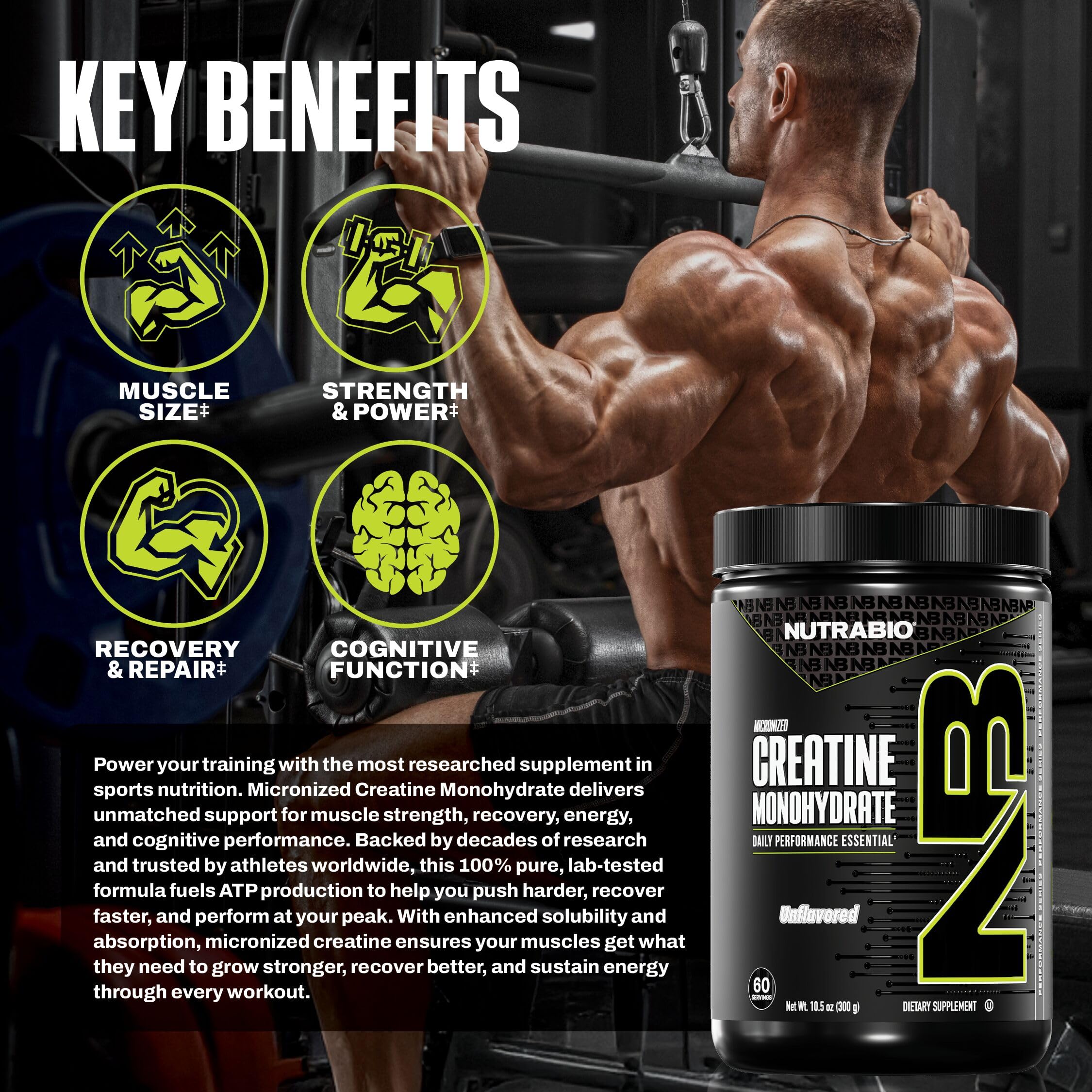 comparación de tamaño de NutraBio creatina 300 g para almacenamiento práctico