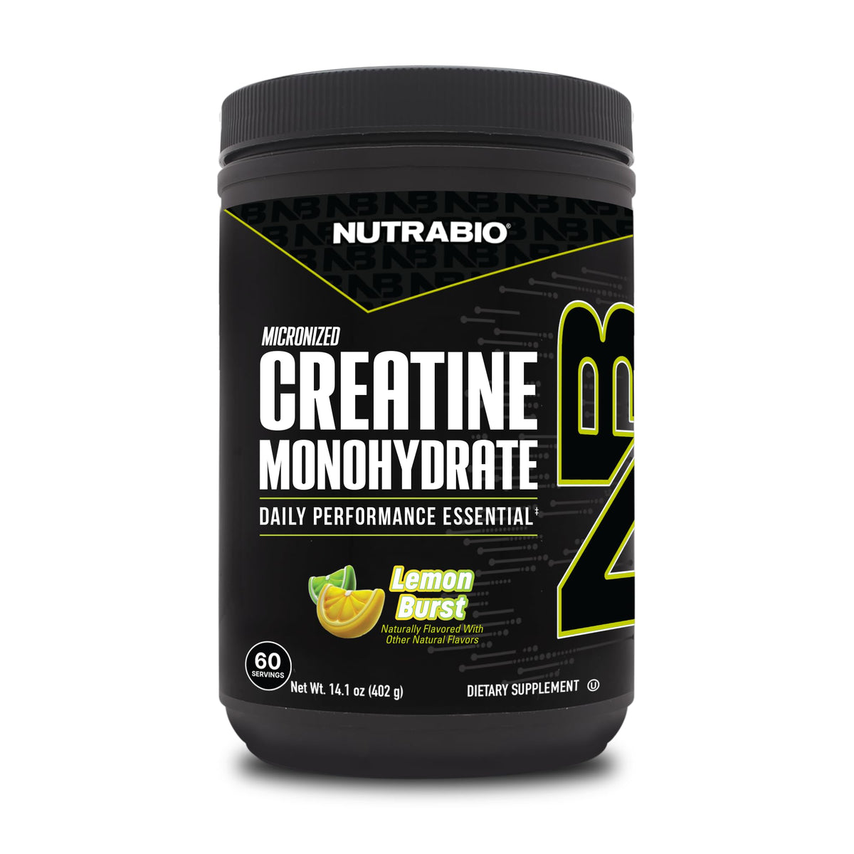NutraBio empaque frontal Lemon Burst mostrando pureza y beneficio de energía