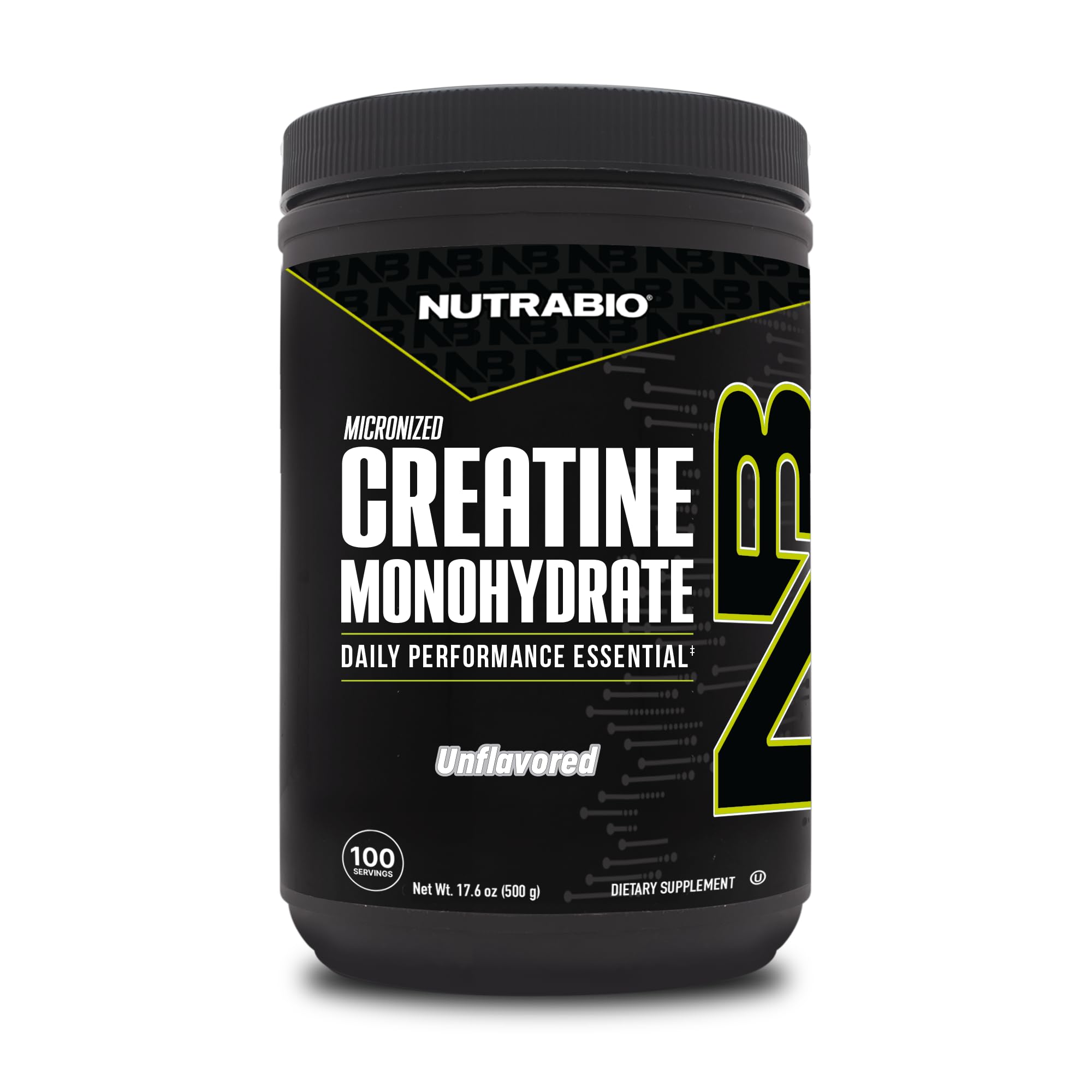 NutraBio envase frontal de creatina monohidratada mostrando pureza