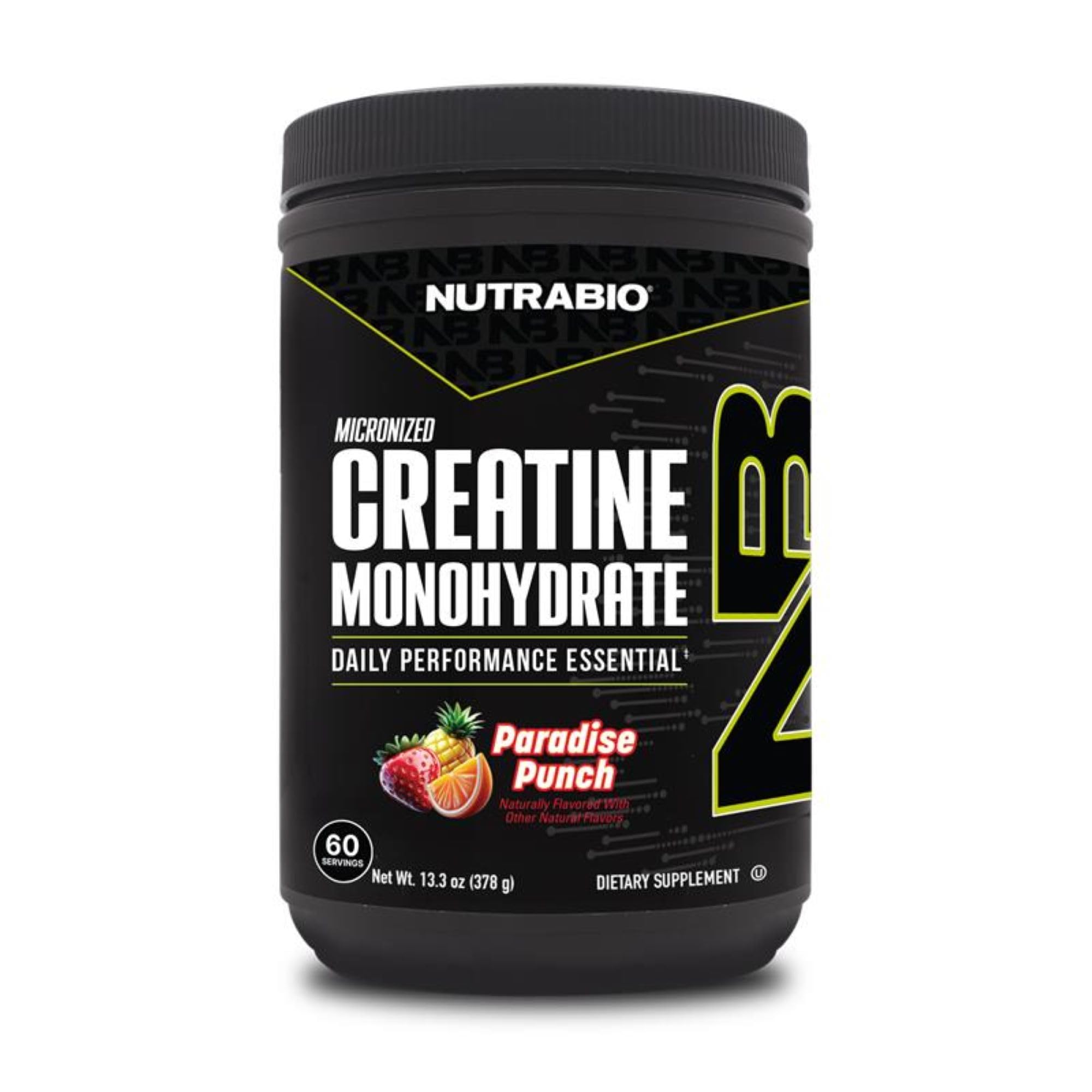 NutraBio frasco frontal mostrando diseño y sabor Paradise Punch, claridad de etiqueta