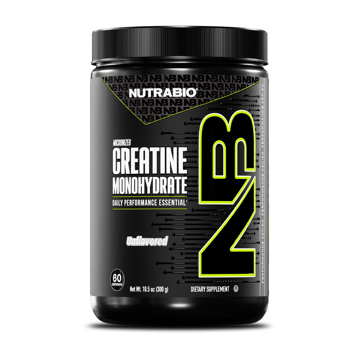 NutraBio envase frontal de creatina mostrando pureza y tamaño 300 g