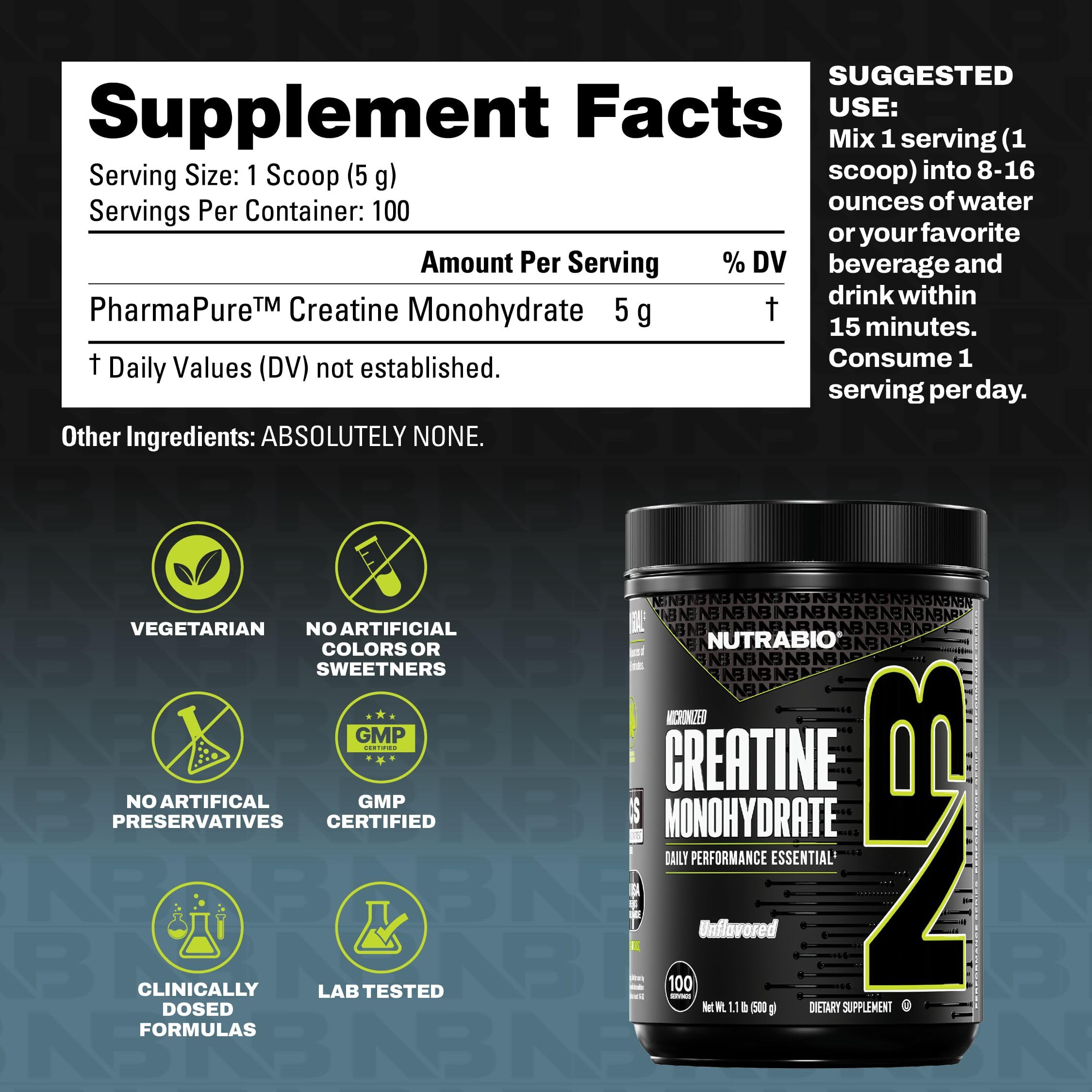 NutraBio polvo de creatina textura micronizada, fácil disolución