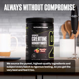Cuchara medidora con porción de NutraBio creatina mostrando dosificación práctica
