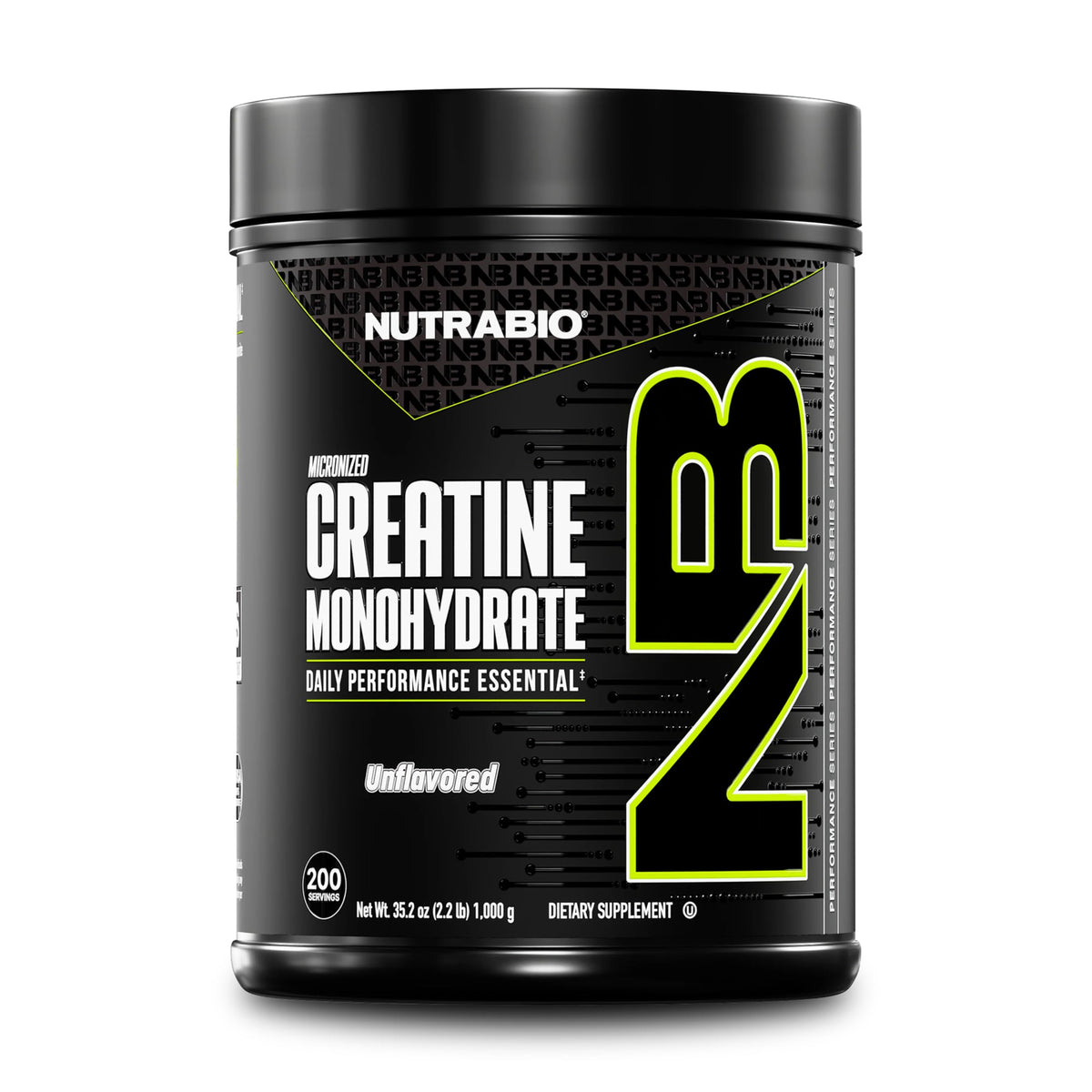 NutraBio envase frontal de creatina micronizada mostrando tamaño y marca