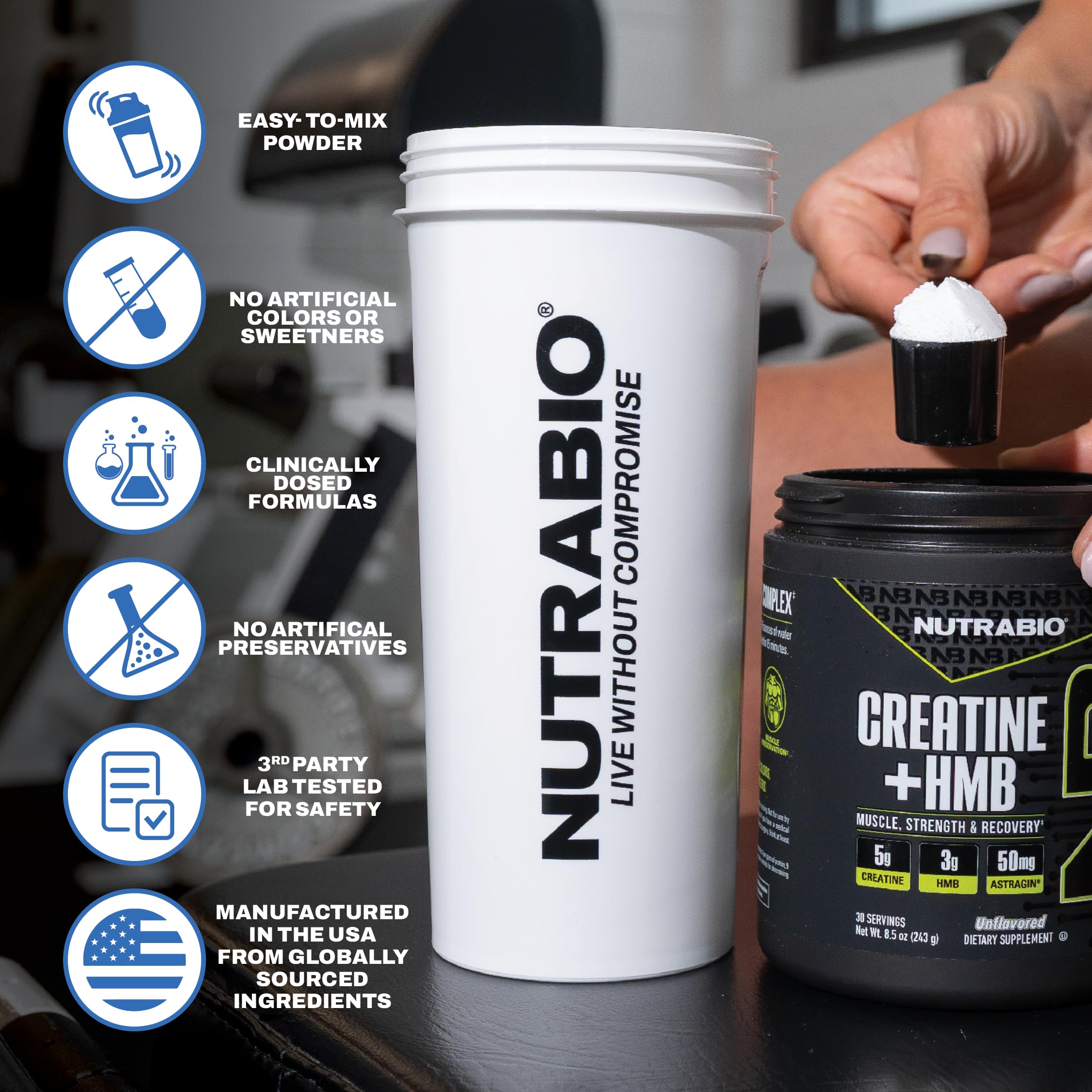 NutraBio tarro junto a cronómetro para visualizar tamaño y servicios