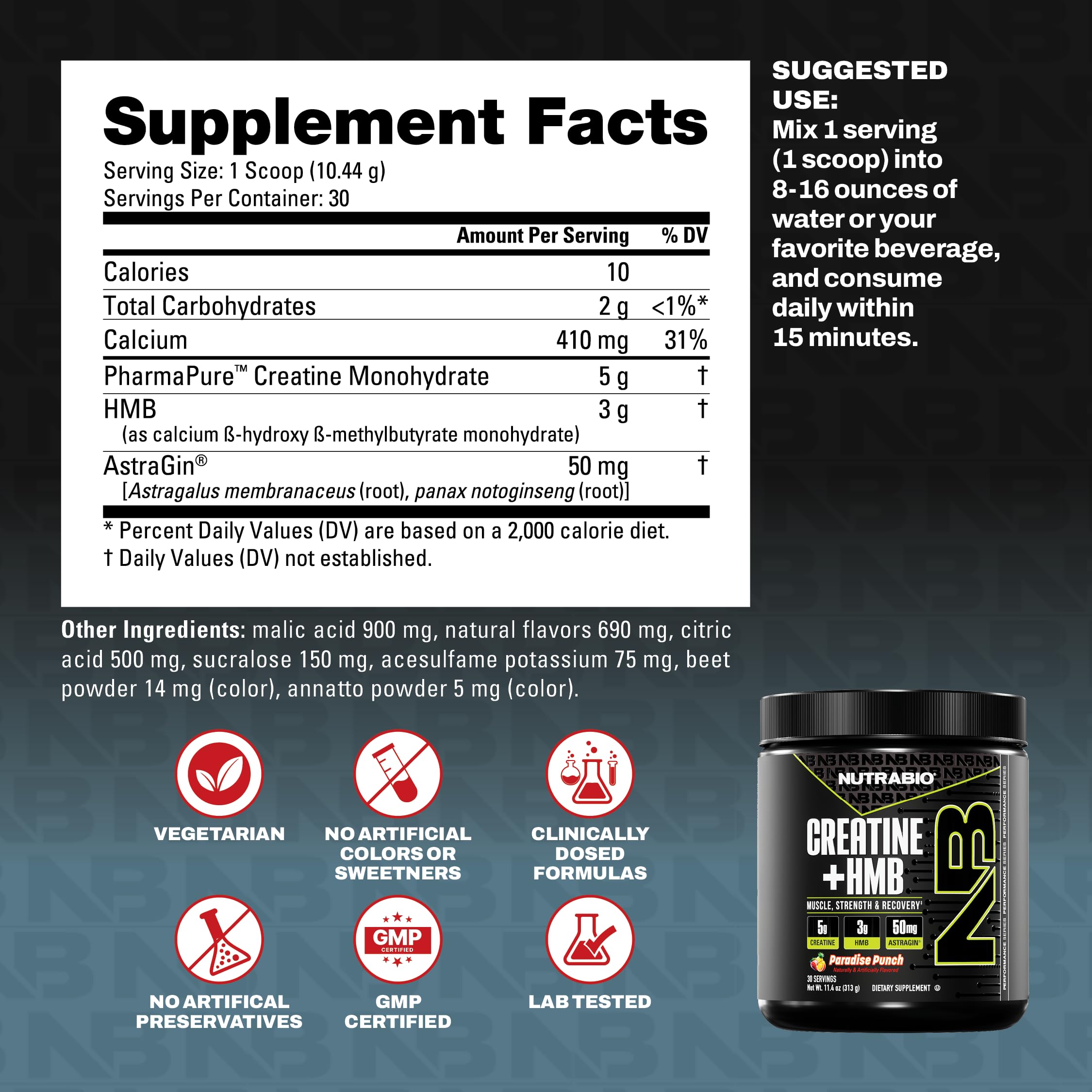 NutraBio etiqueta nutricional detallada con ingredientes y dosis clínicamente dosificadas