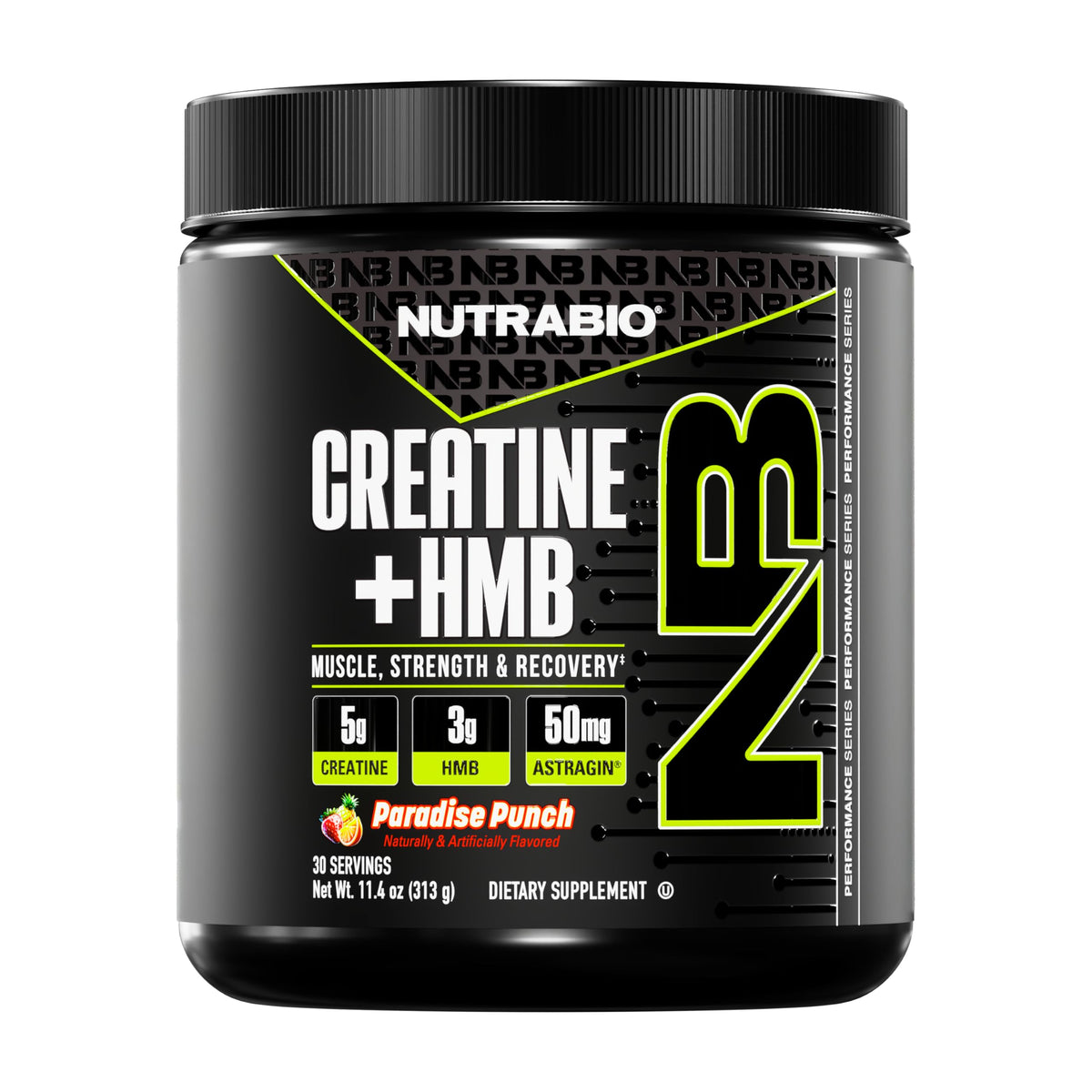 NutraBio envase frontal Paradise Punch mostrando la marca y beneficio de fuerza