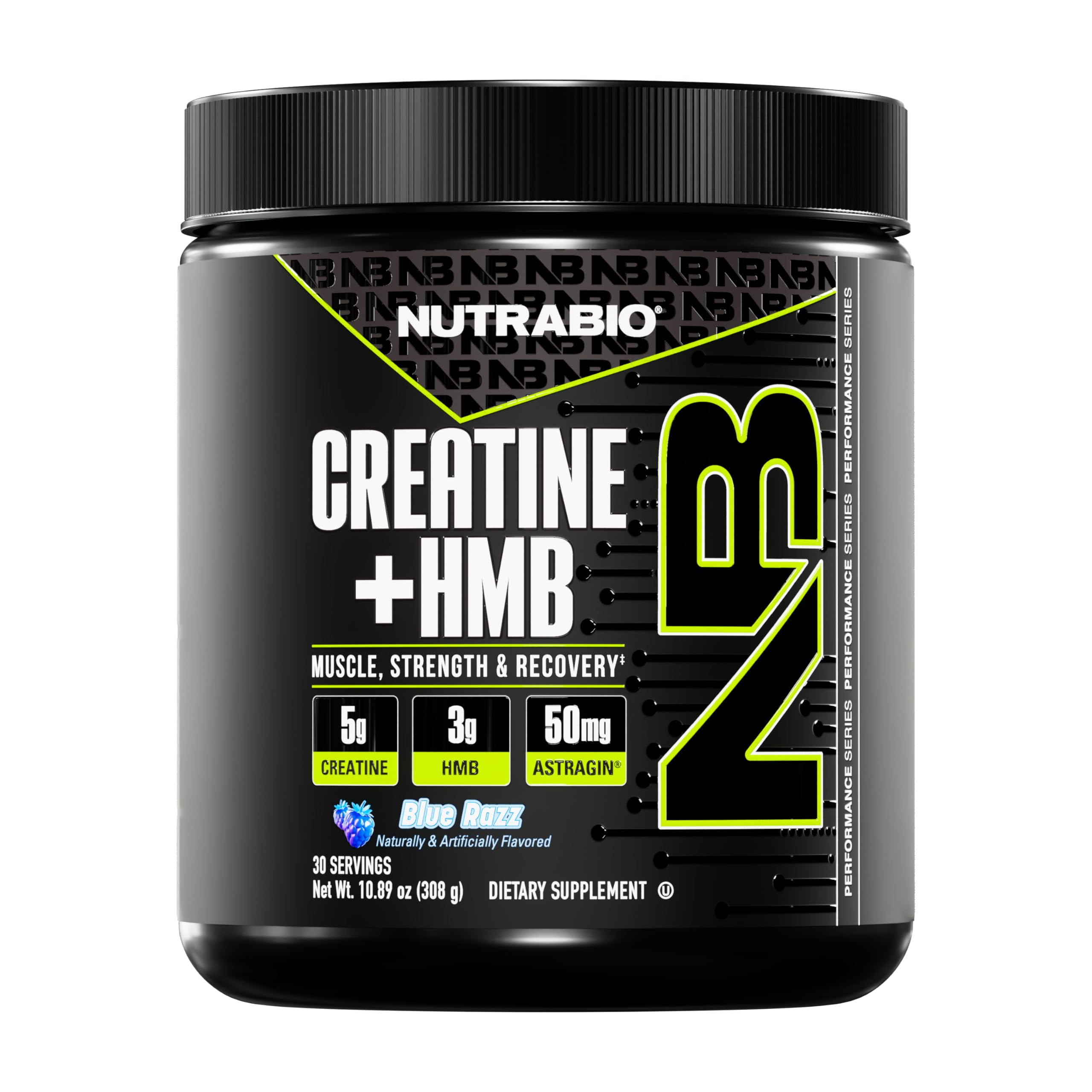 NutraBio envase frontal mostrando creatina HMB y beneficios de fuerza