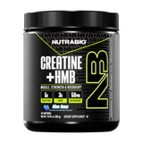 NutraBio envase frontal mostrando creatina HMB y beneficios de fuerza