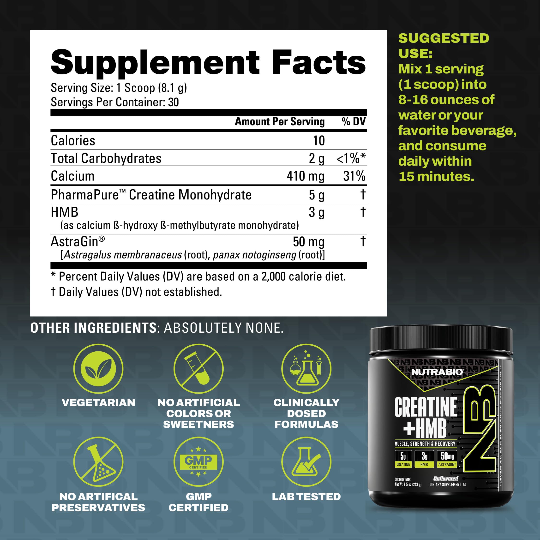 Detalle de ingredientes NutraBio destacando AstraGin para mejor absorción