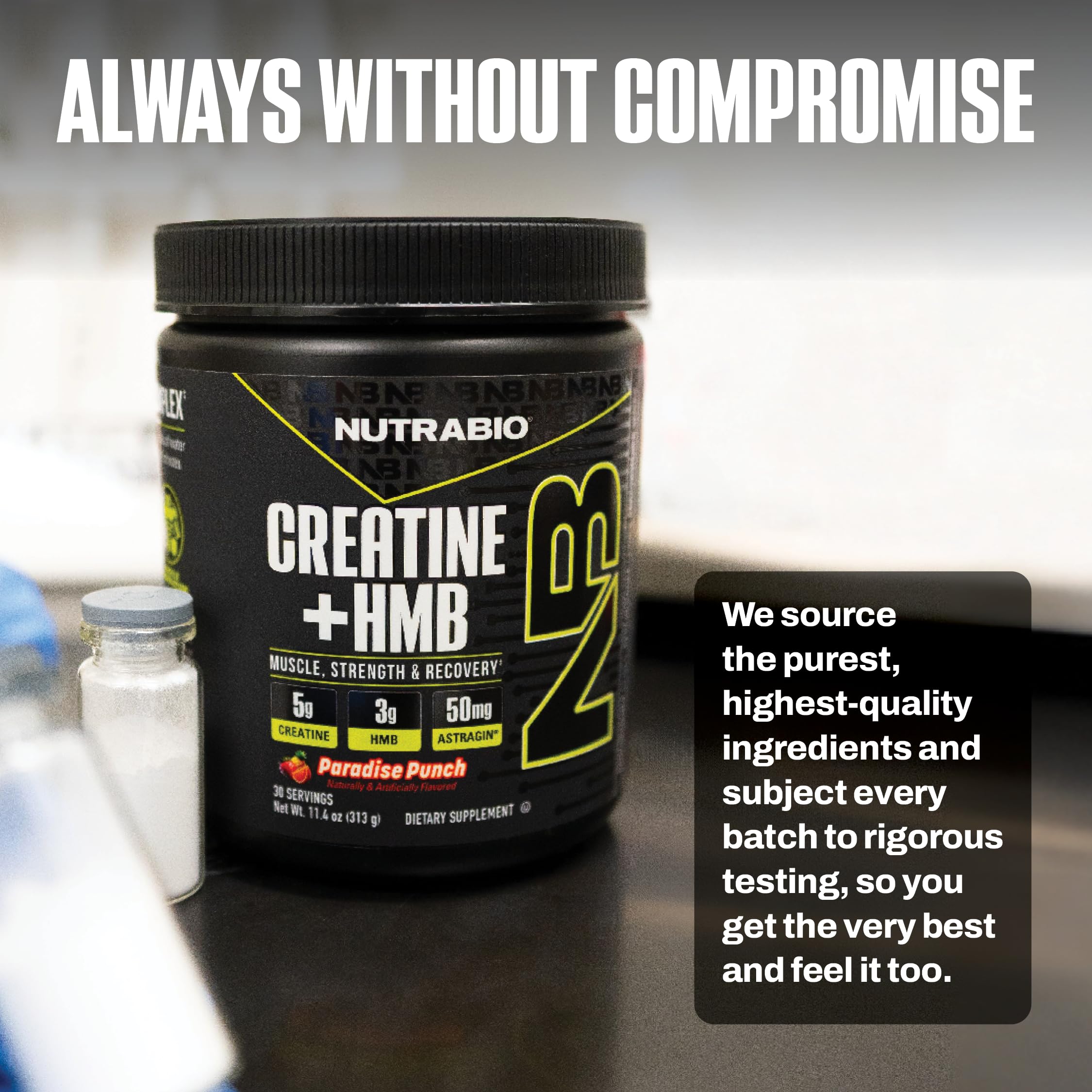 NutraBio ingredientes creatina monohidrato y HMB ilustrados como foco principal