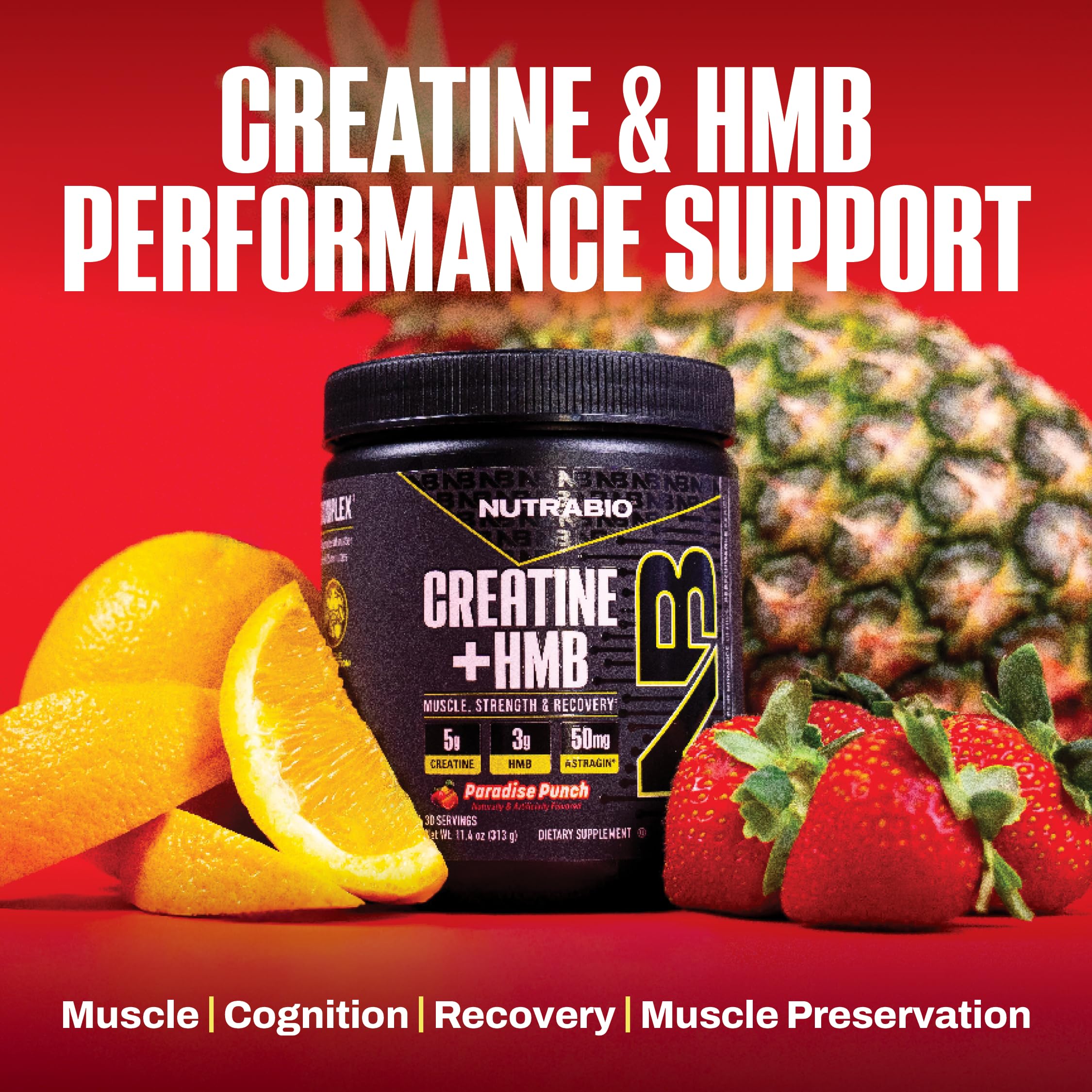 NutraBio cuchara con porción precisa de creatina y HMB, dosificación clara