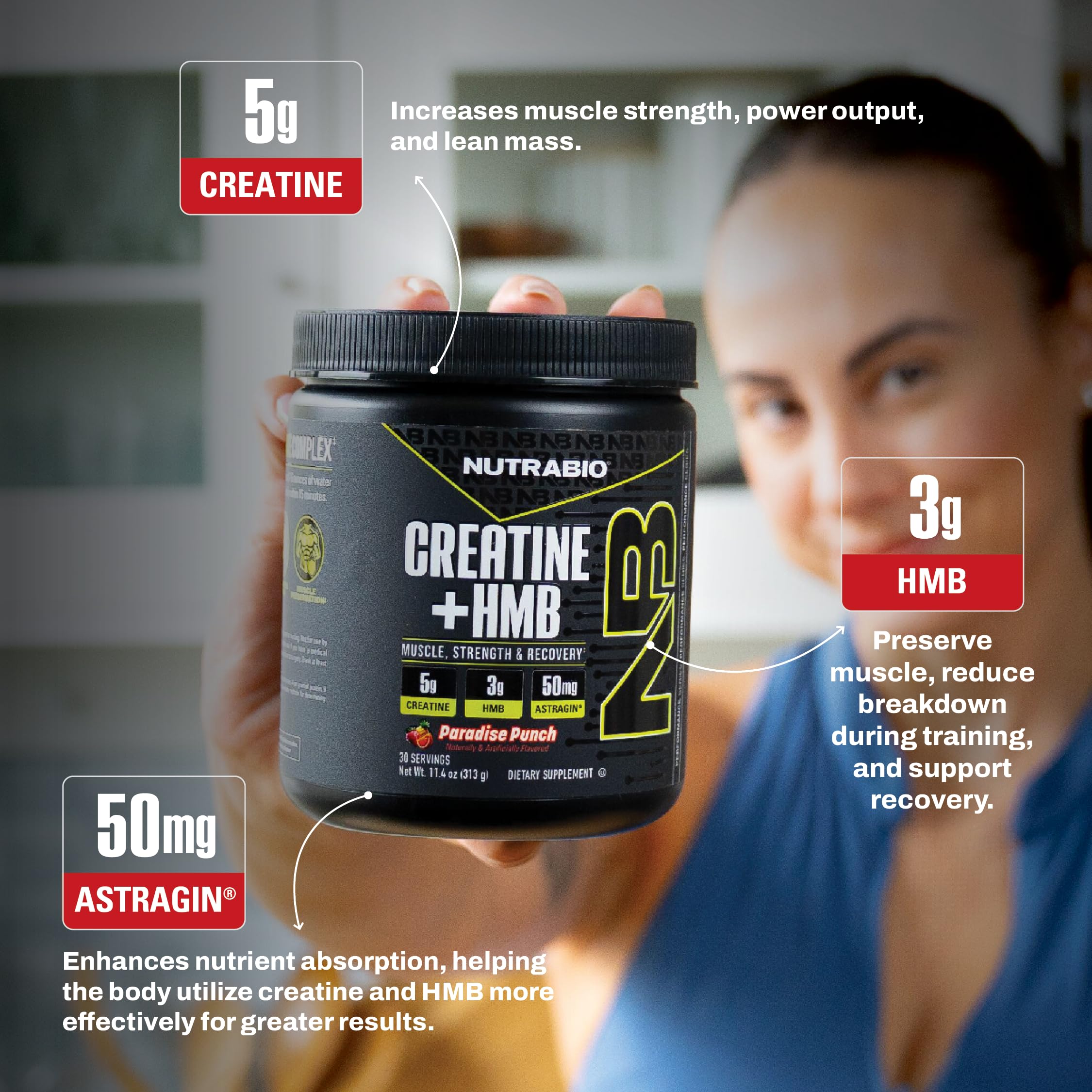 NutraBio envase junto a una regla para comparar tamaño y 30 servicios visibles