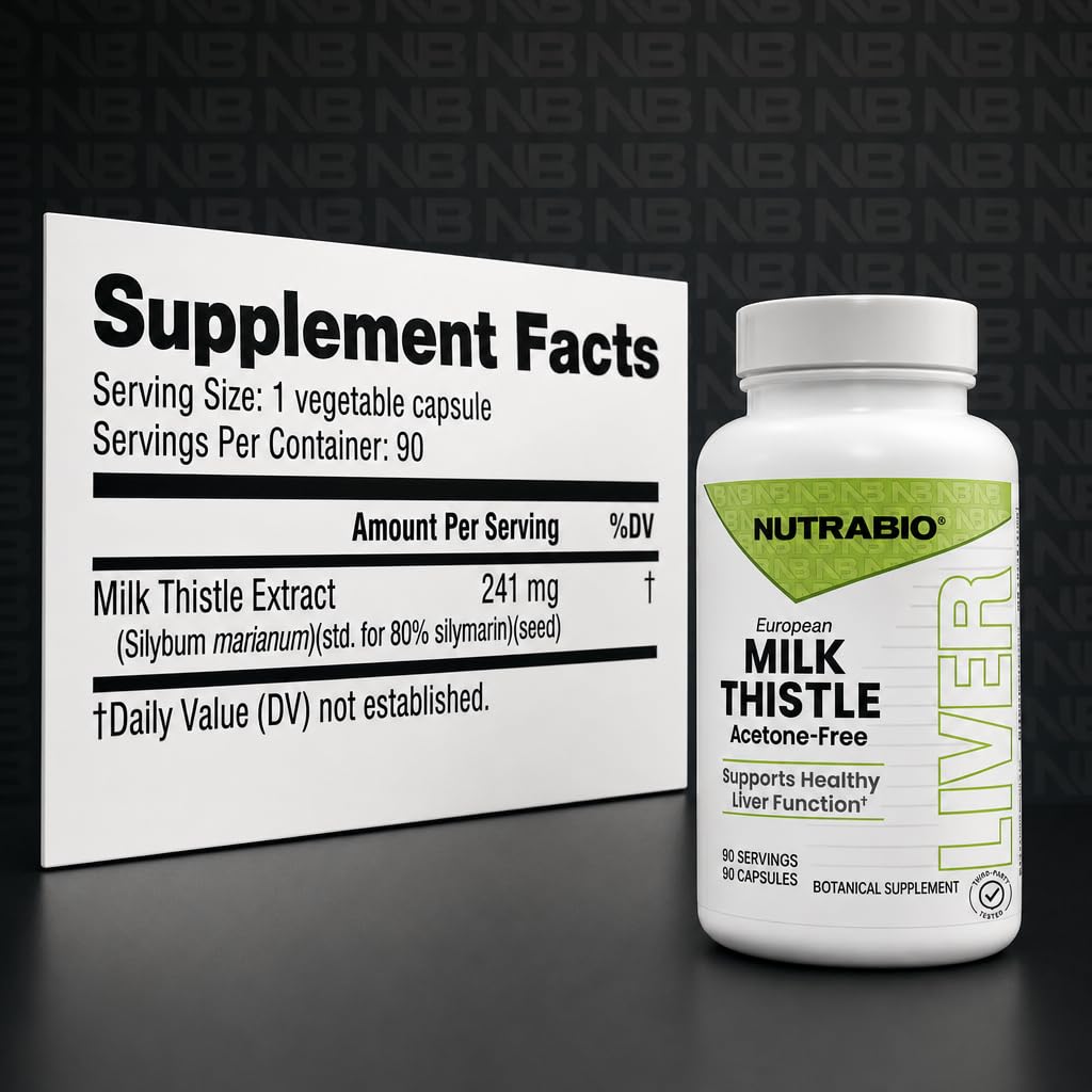 NutraBio etiqueta en primer plano destacando 80% silymarin y 241 mg por cápsula
