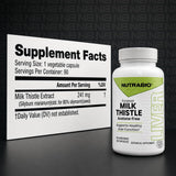 NutraBio etiqueta en primer plano destacando 80% silymarin y 241 mg por cápsula