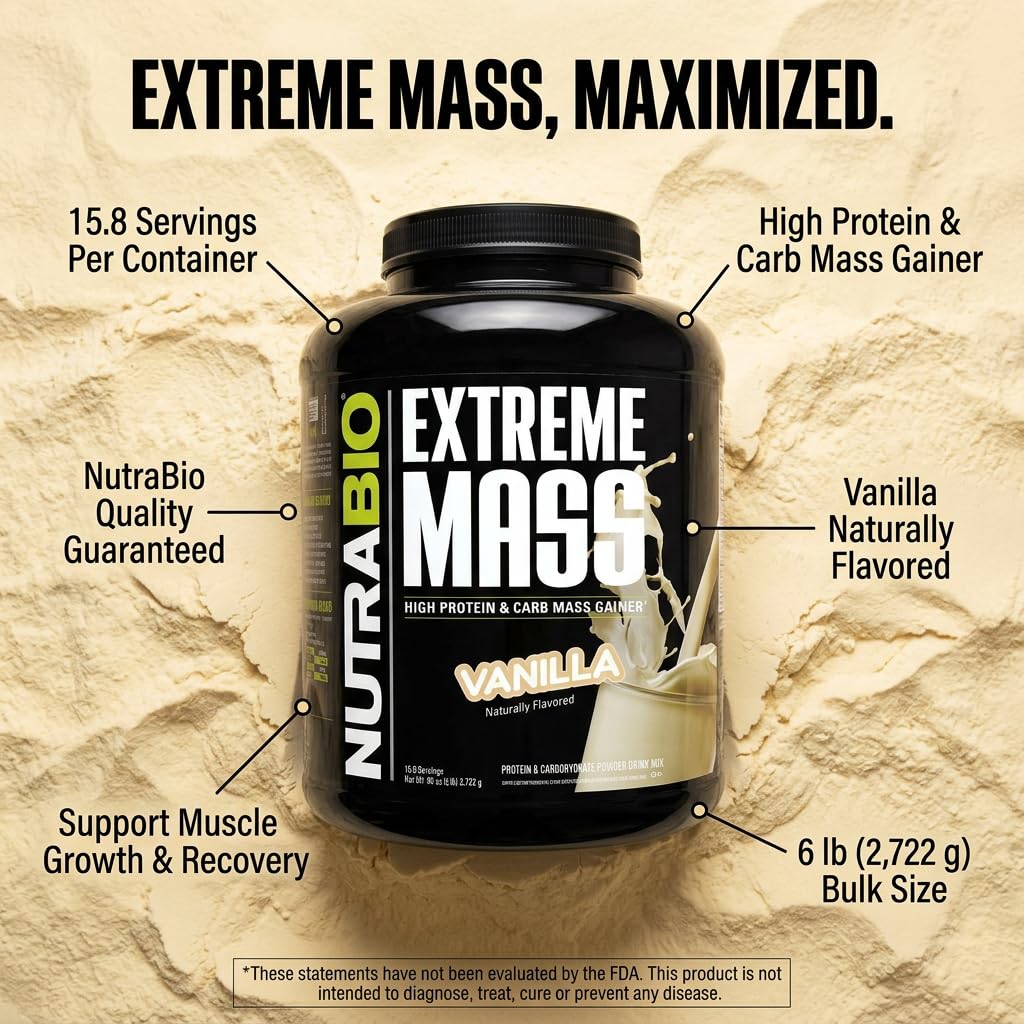 NutraBio batido de Extreme Mass en vaso listo para beber, beneficio recuperación rápida