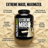 NutraBio batido de Extreme Mass en vaso listo para beber, beneficio recuperación rápida