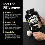NutraBio bote de Extreme Mass en gimnasio junto a botella, beneficio conveniencia