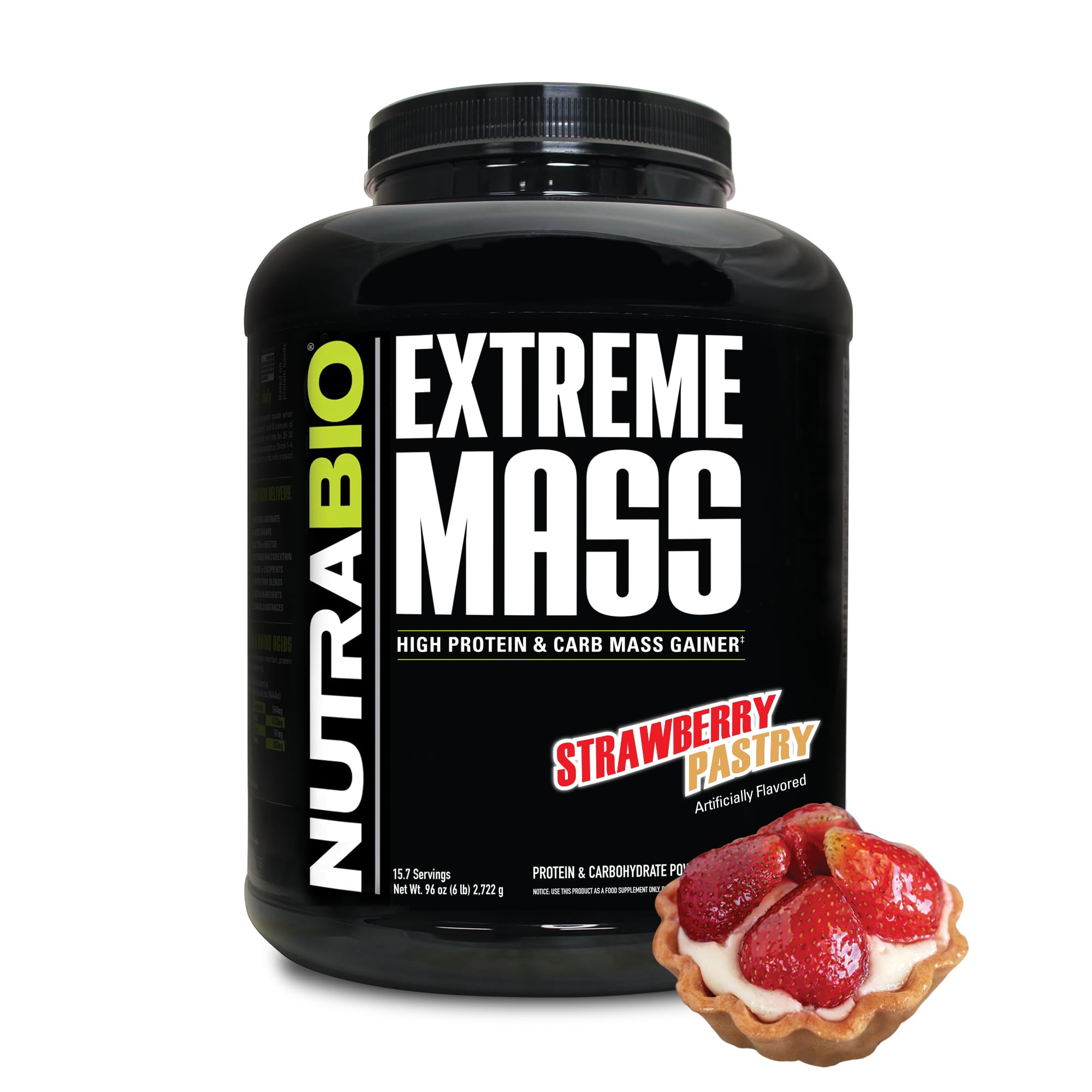 NutraBio envase frontal mostrando Extreme Mass y beneficios en etiqueta
