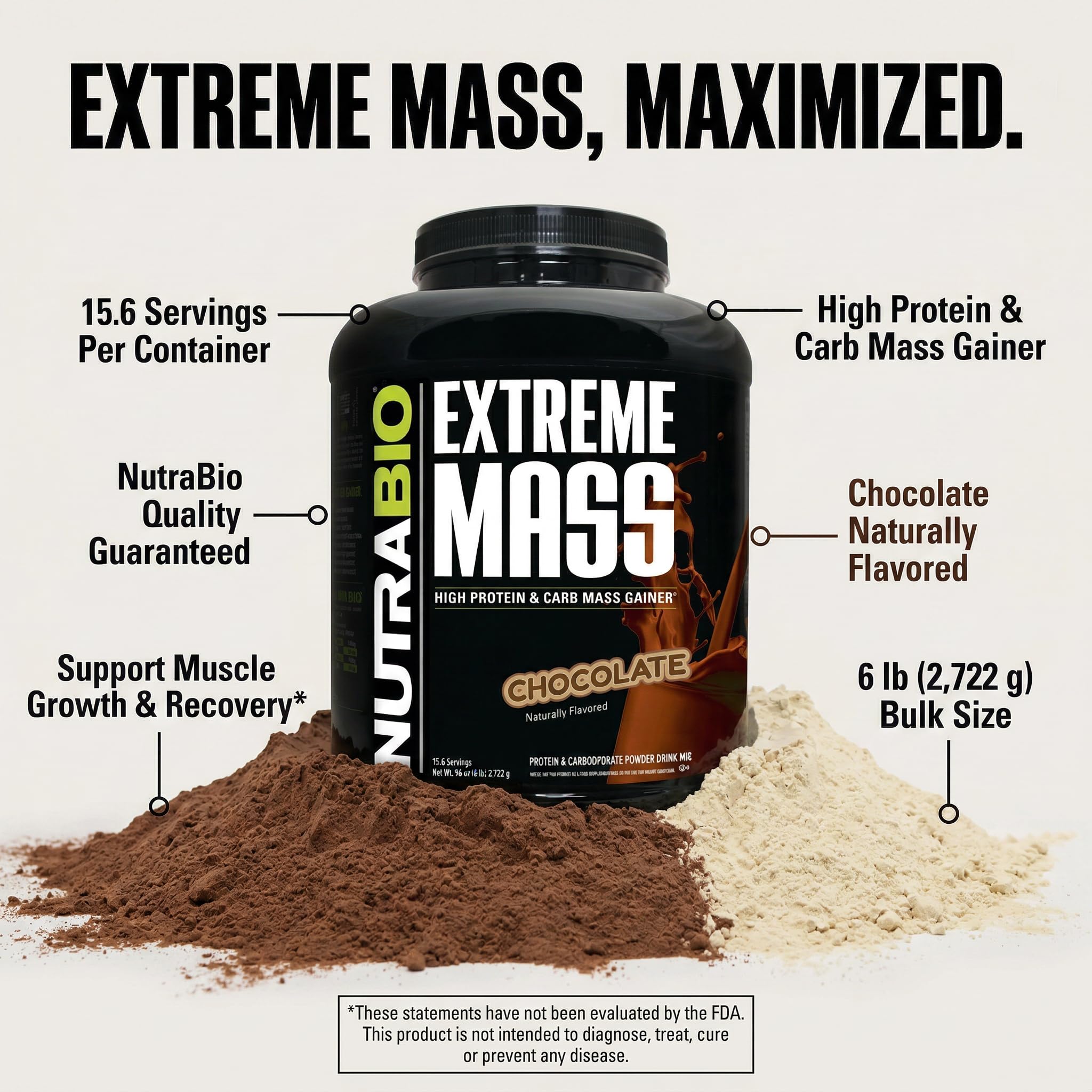 Cuchara con porción de NutraBio Extreme Mass mostrando cantidad por servicio