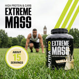NutraBio cucharada sirviendo polvo Extreme Mass evidencia densidad calórica por servicio