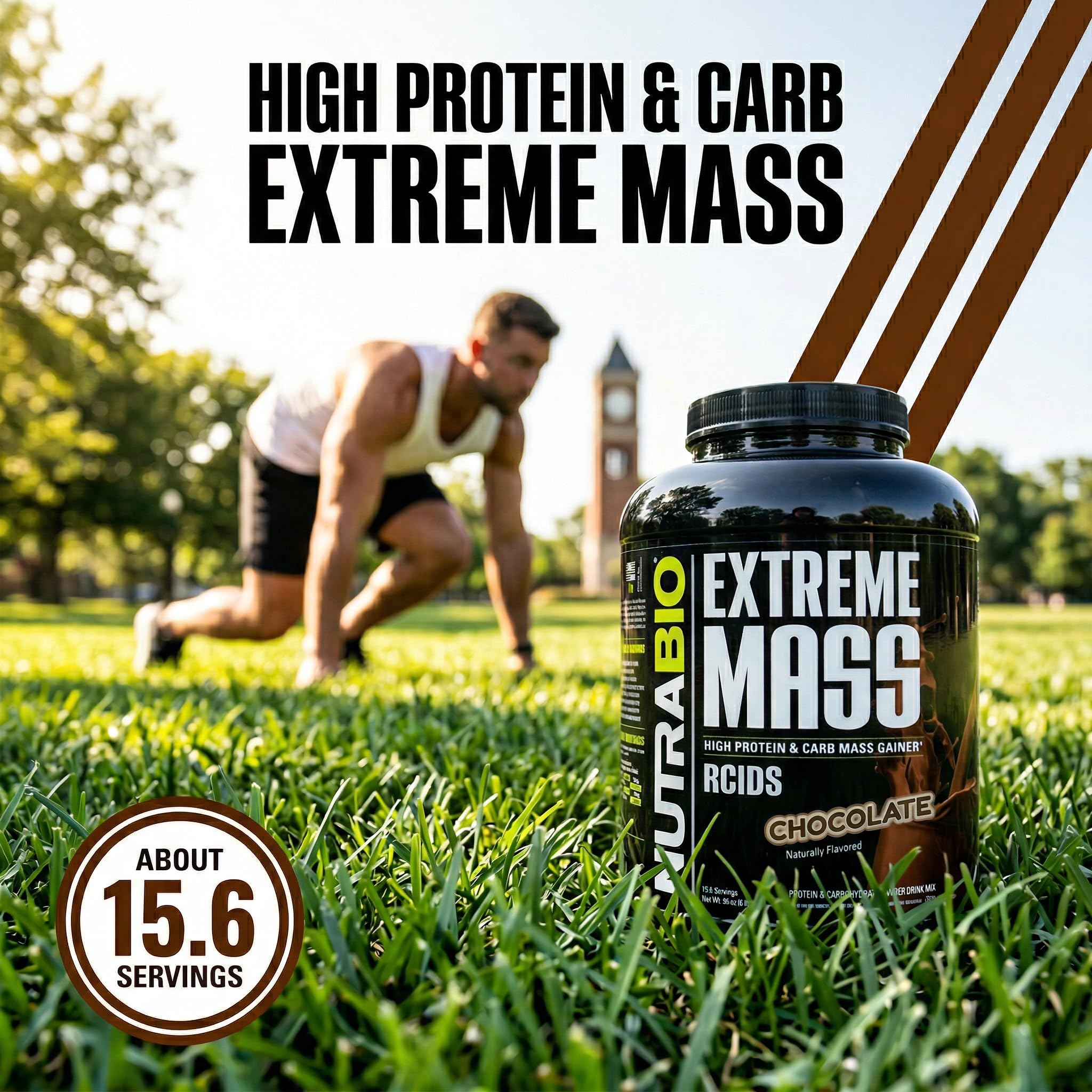 Envase NutraBio Extreme Mass junto a objetos para mostrar escala y tamaño de 6 lb