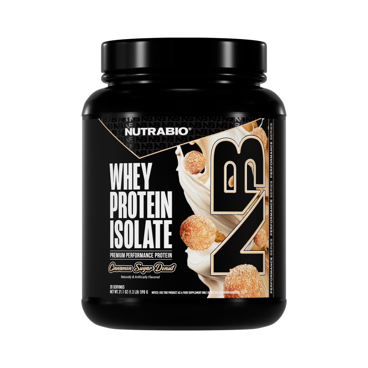 NutraBio frasco frontal del sabor Cinnamon Sugar Donut mostrando el diseño y cantidad