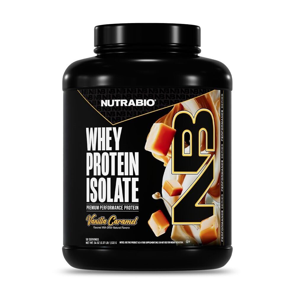 NutraBio frasco frontal sabor Vainilla Caramelo mostrando etiqueta clara y beneficios