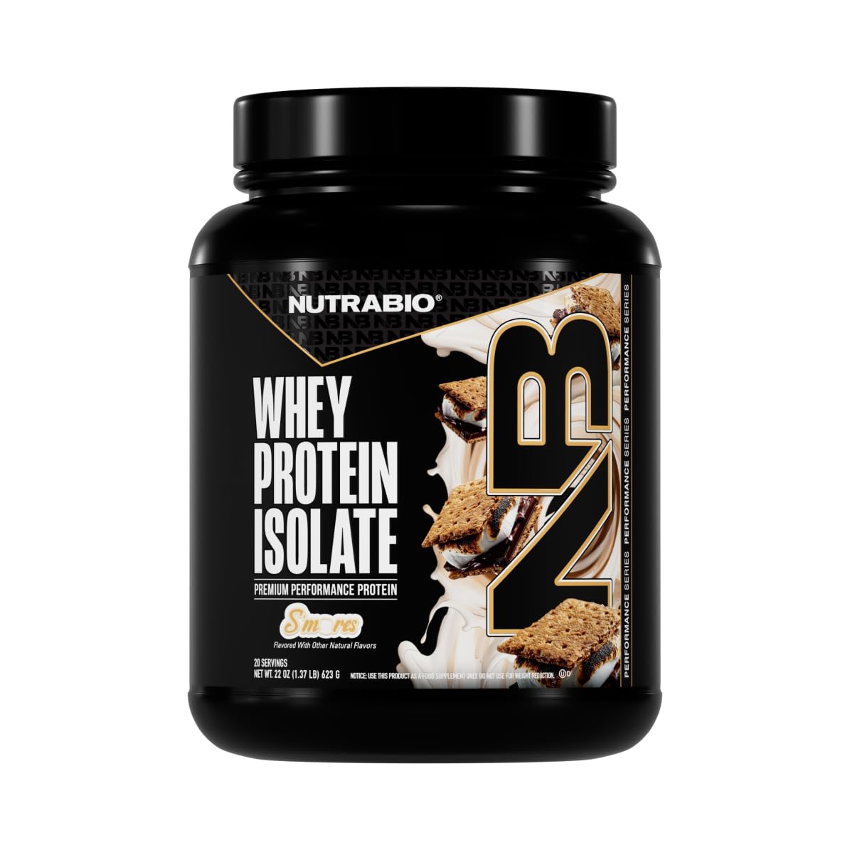NutraBio empaque frontal S'Mores mostrando 25 g proteína y beneficios