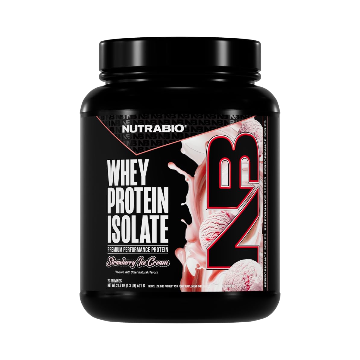 NutraBio envase frontal sabor Strawberry Ice Cream, apariencia atractiva y claro aporte proteico