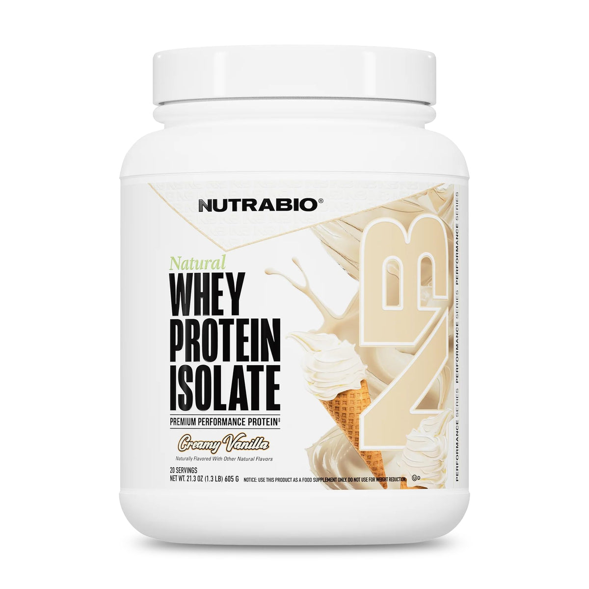 NutraBio frente del envase sabor vainilla mostrando diseño y beneficios