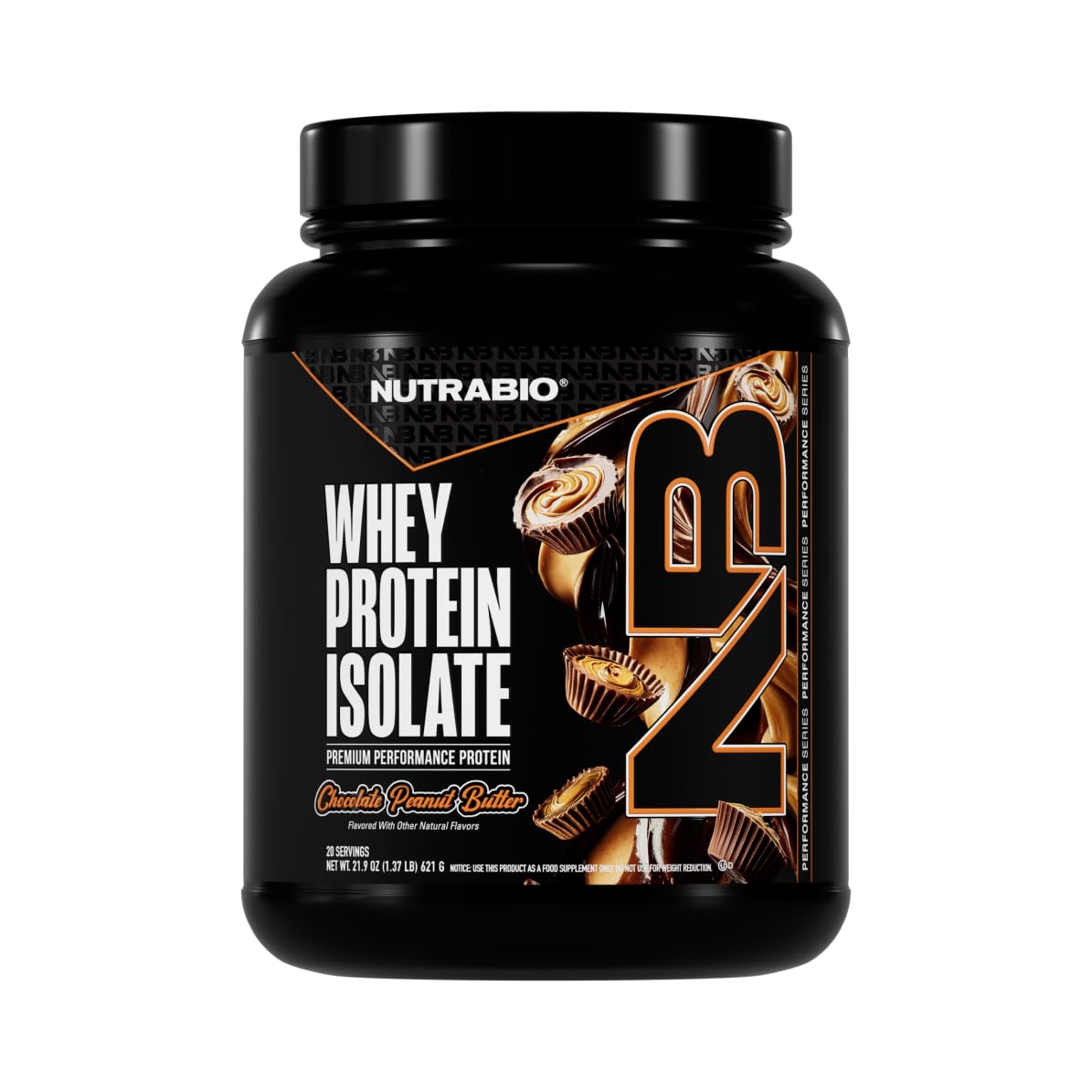 NutraBio frontal del envase mostrando sabor Chocolate Peanut Butter y ventaja de proteína limpia
