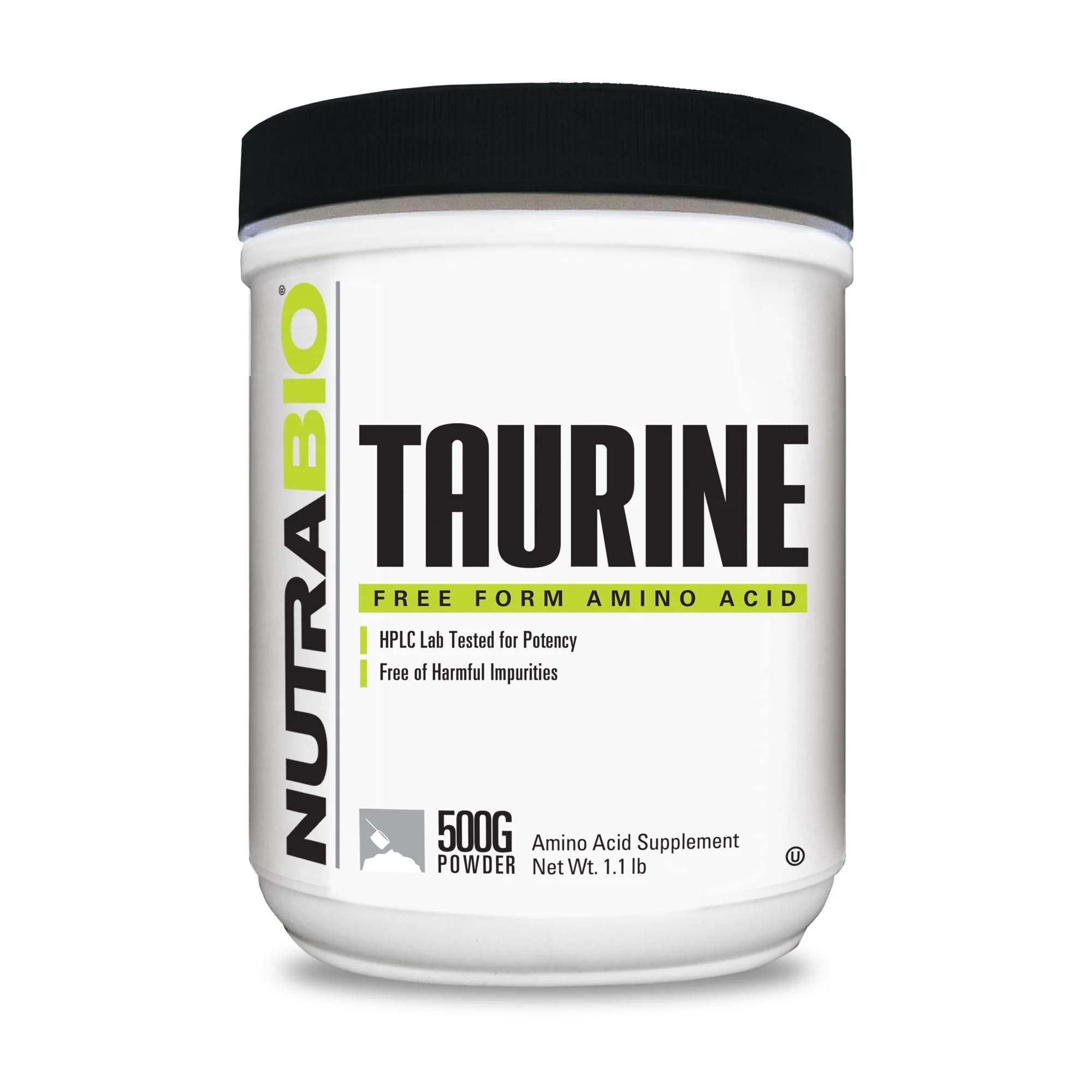 NutraBio envase frontal de Taurine Powder 500g mostrando diseño limpio y claridad de ingrediente