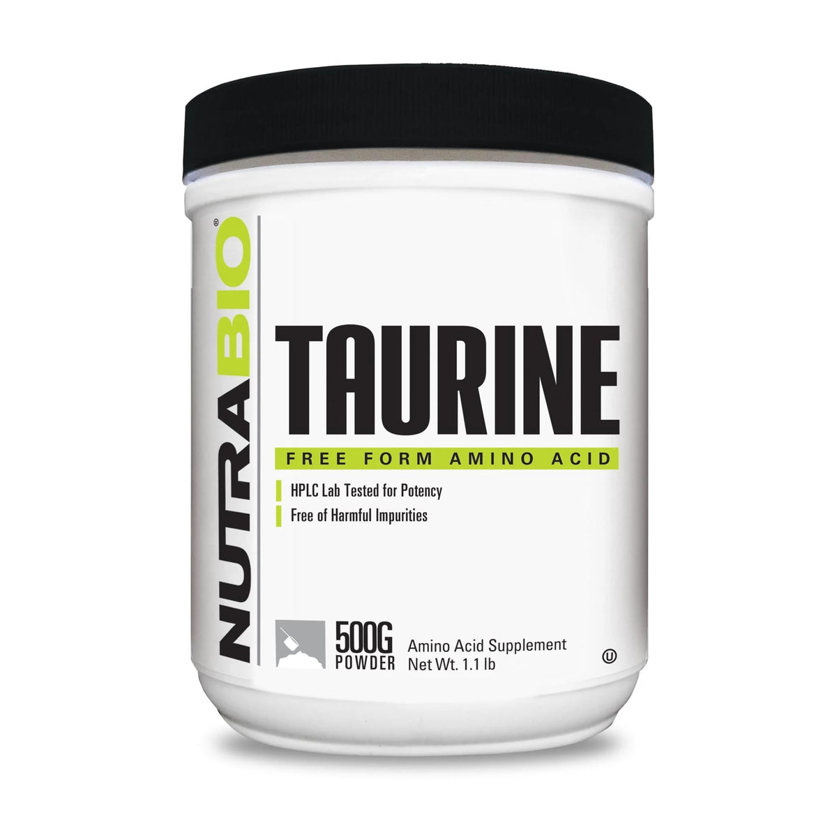 NutraBio envase frontal de Taurine Powder 500g mostrando diseño limpio y claridad de ingrediente