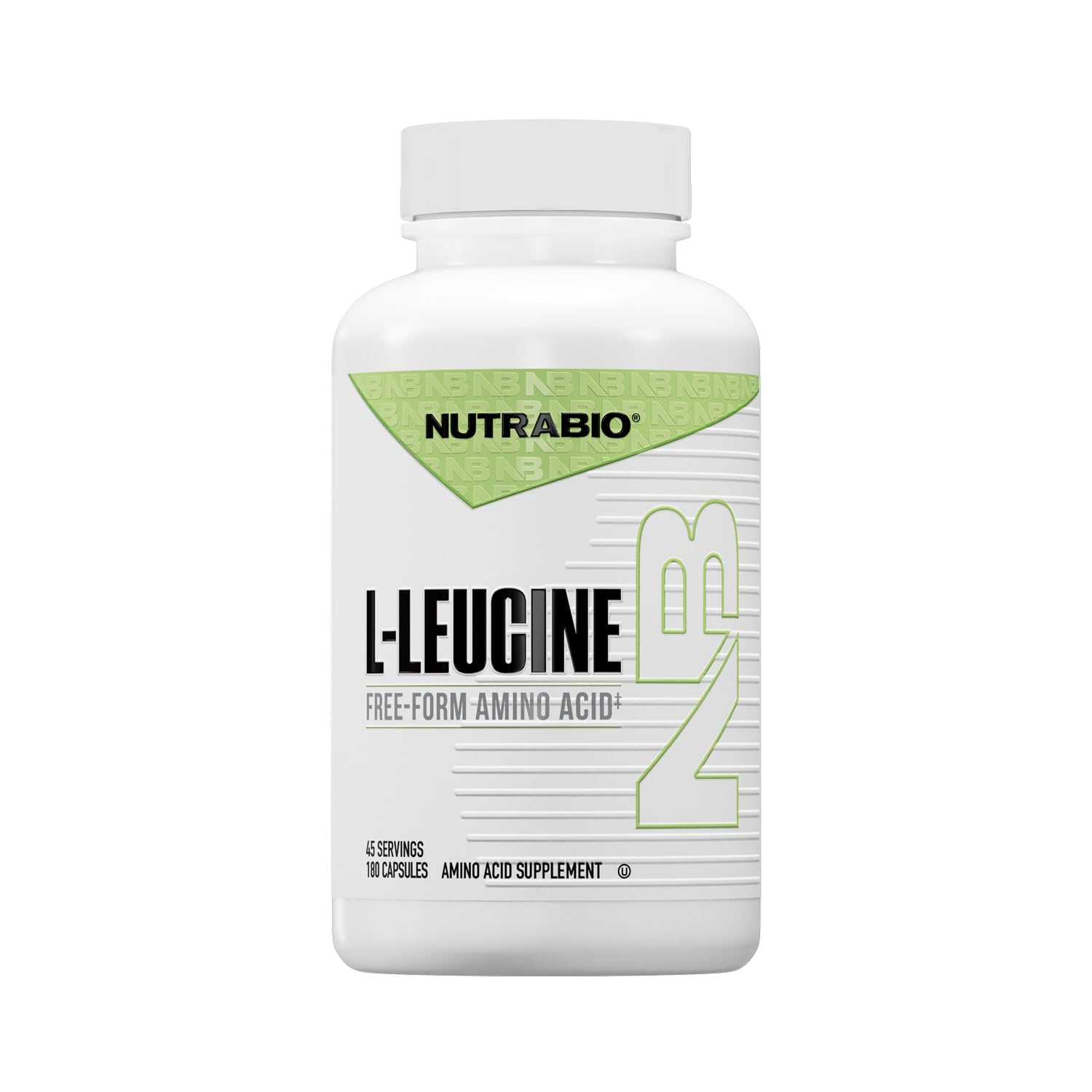 NutraBio envase frontal L‑Leucine mostrando claridad de ingredientes y beneficios