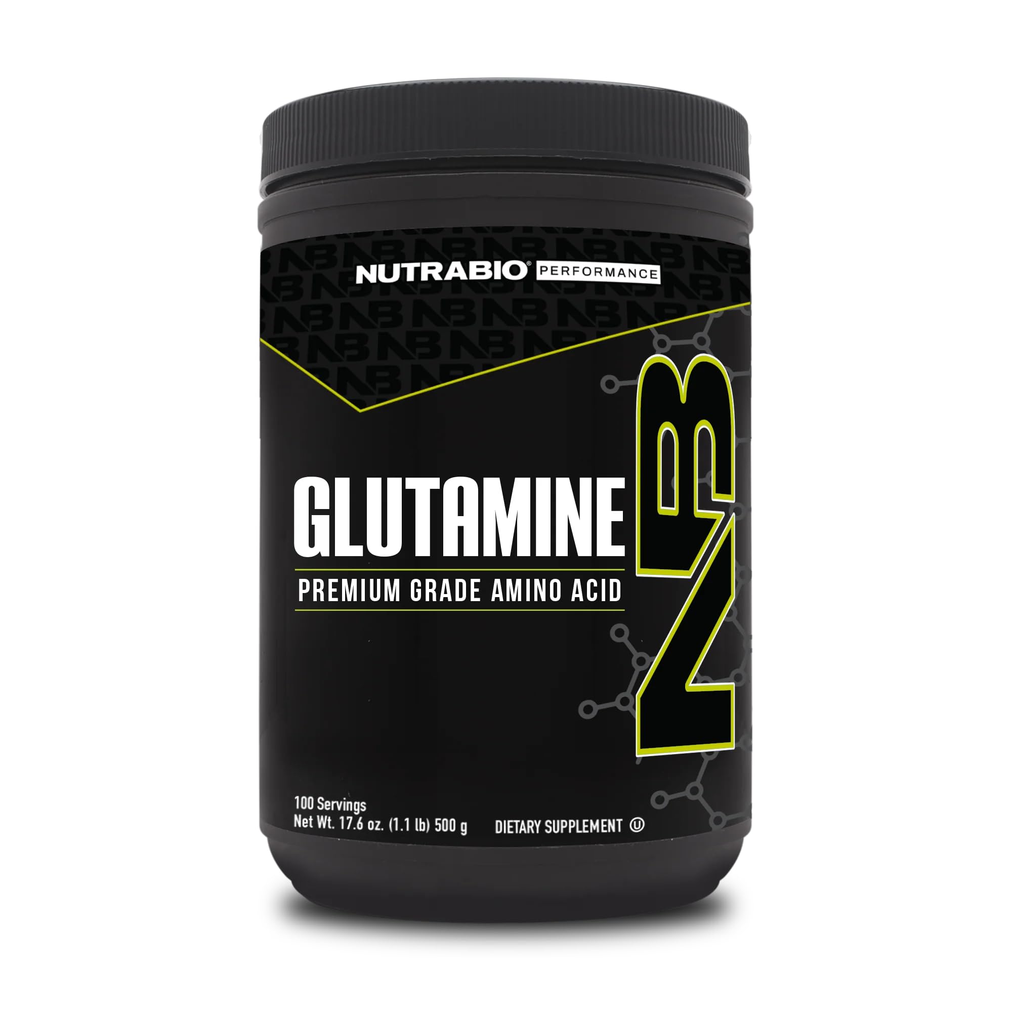 NutraBio envase frontal de L‑Glutamine mostrando etiqueta y beneficio de pureza