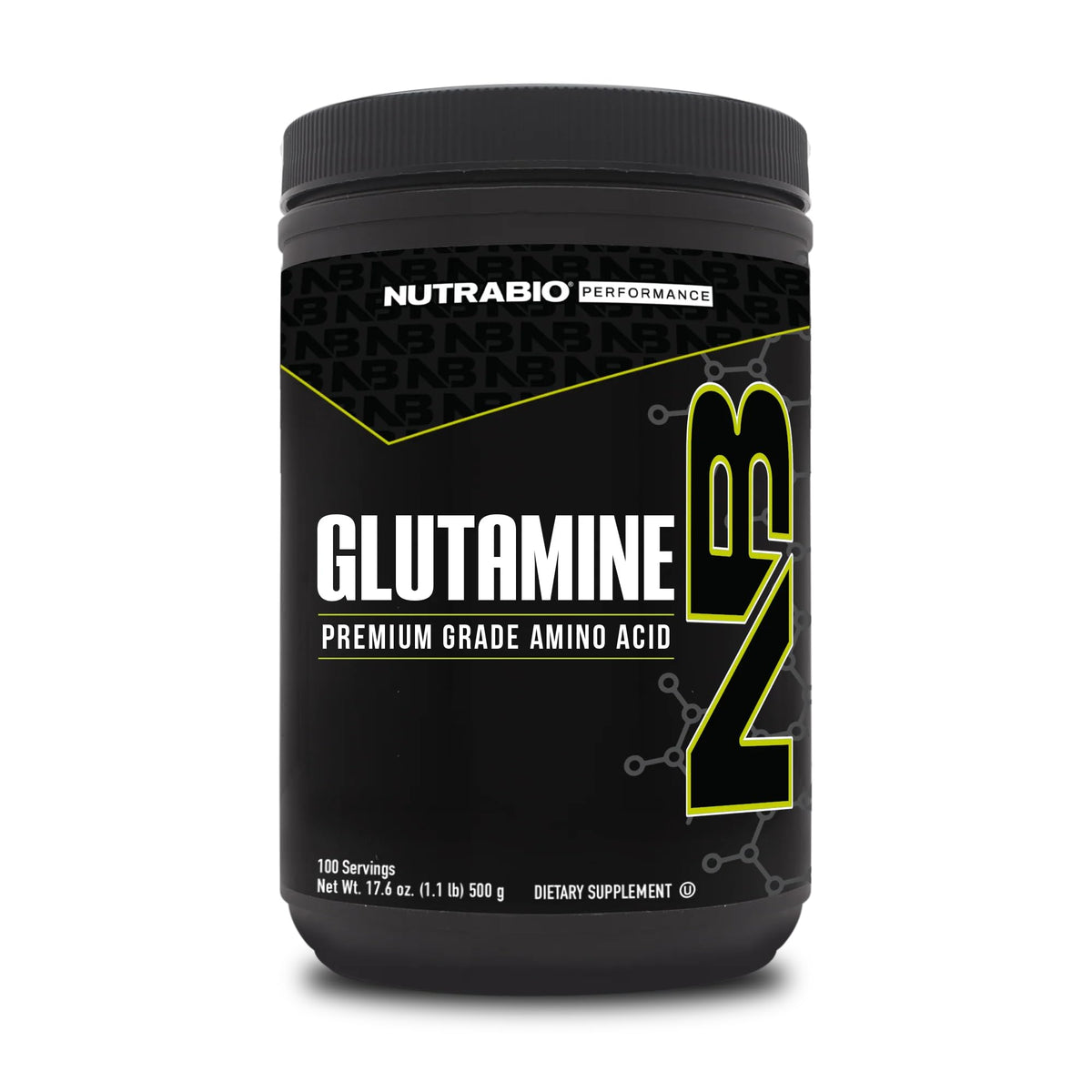 NutraBio envase frontal de L‑Glutamine mostrando etiqueta y beneficio de pureza