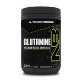 NutraBio envase frontal de L‑Glutamine mostrando etiqueta y beneficio de pureza
