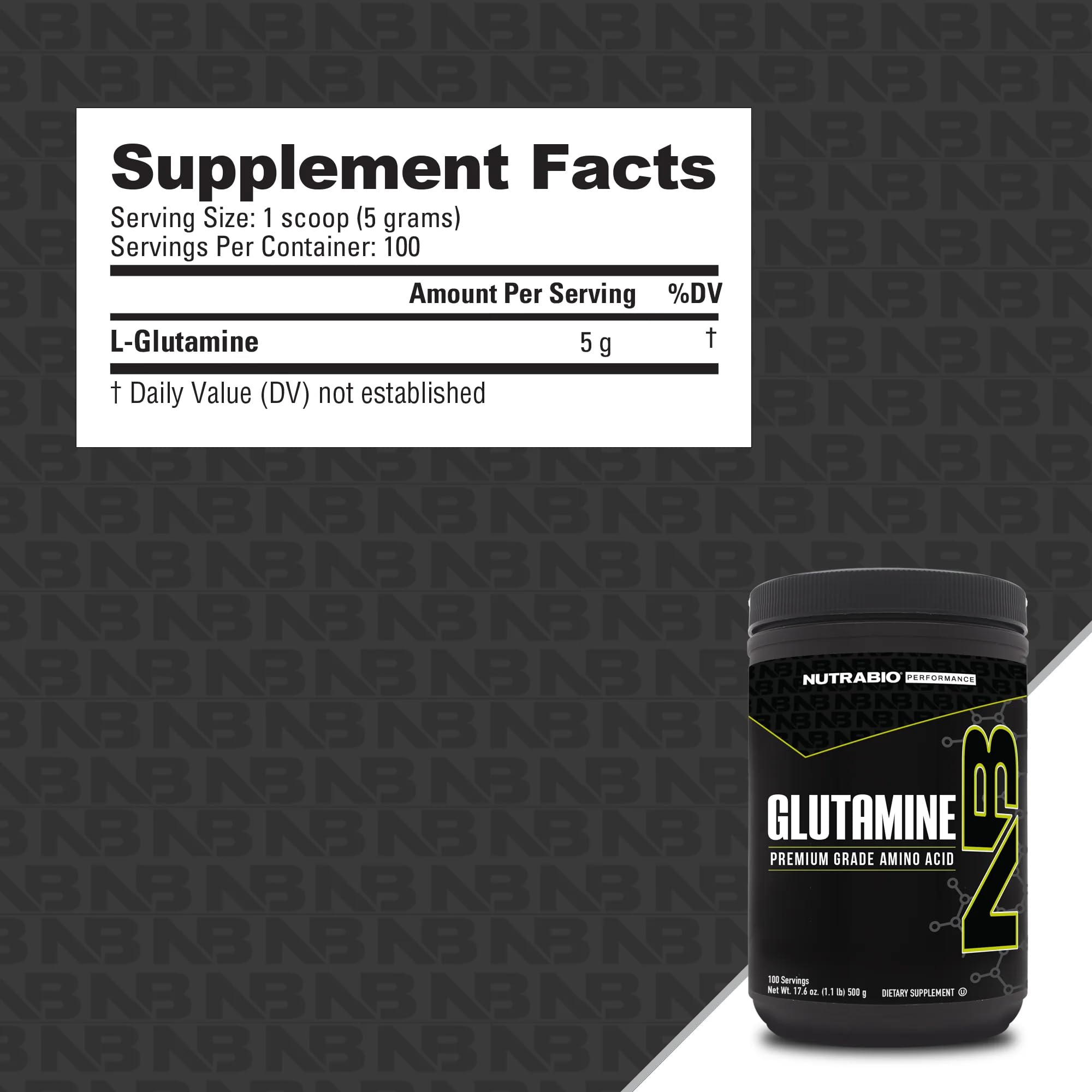 NutraBio primer plano del polvo de glutamina destacando textura fina y solubilidad