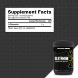 NutraBio primer plano del polvo de glutamina destacando textura fina y solubilidad