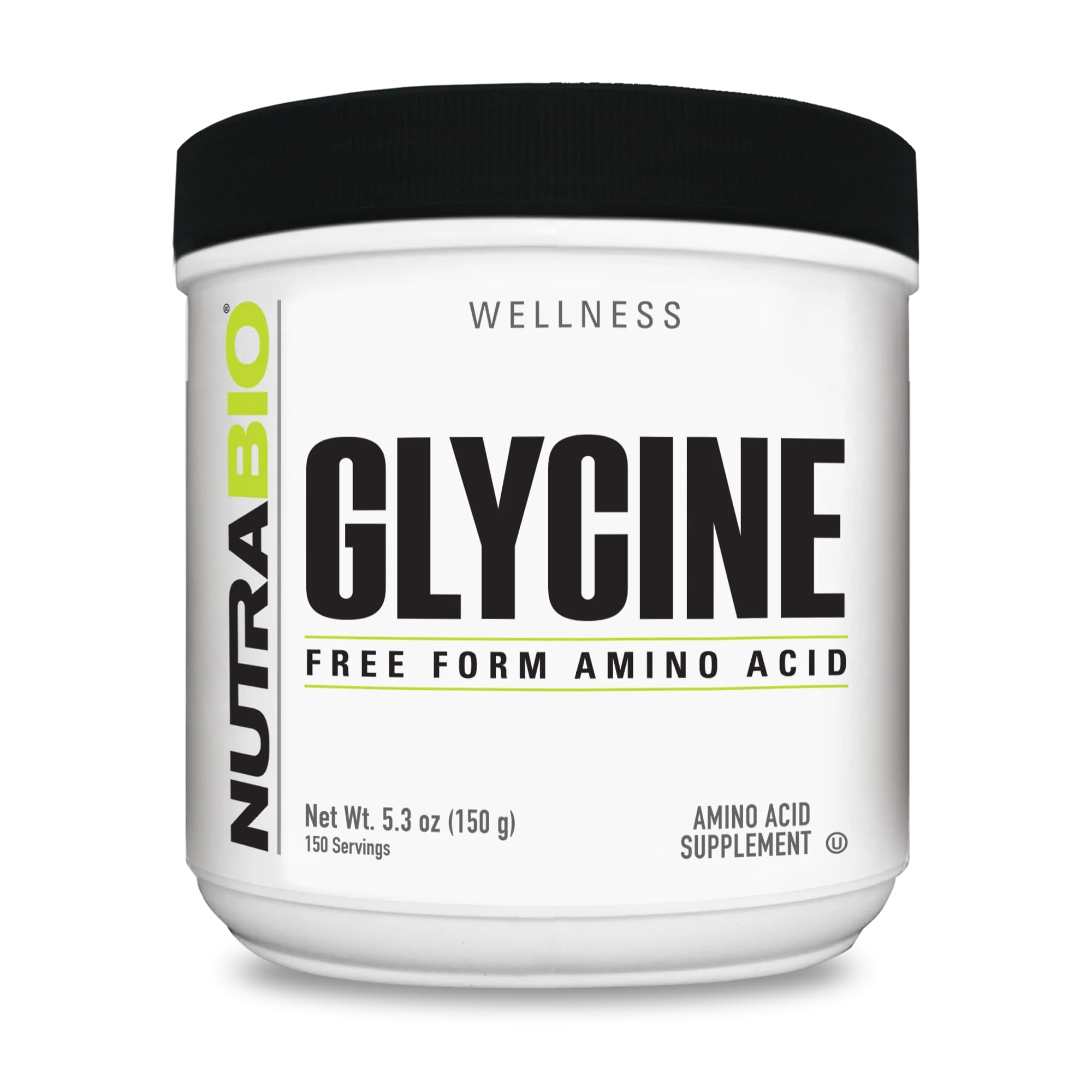 NutraBio frasco Glycine Powder visible desde el frente, presentando formato y claridad