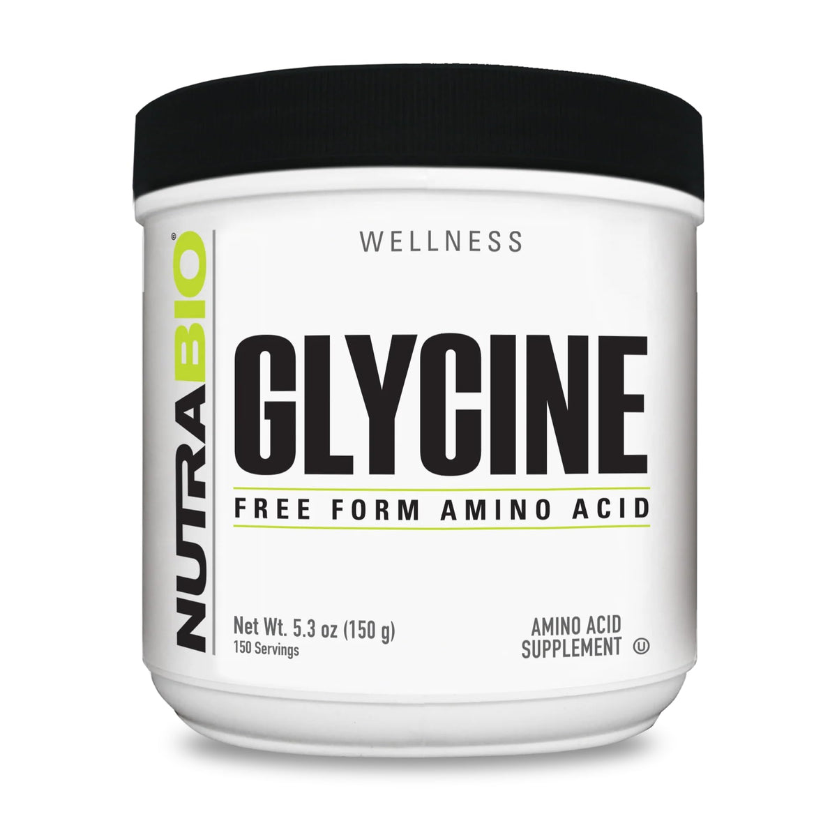NutraBio frasco Glycine Powder visible desde el frente, presentando formato y claridad