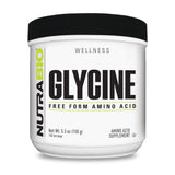 NutraBio frasco Glycine Powder visible desde el frente, presentando formato y claridad