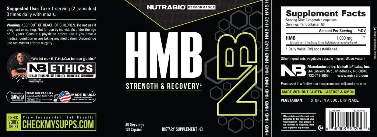 NutraBio HMB botella en gimnasio junto a pesas para uso deportivo