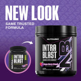 NutraBio Intra Blast polvo textura cercana que muestra solubilidad rápida y mezcla uniforme