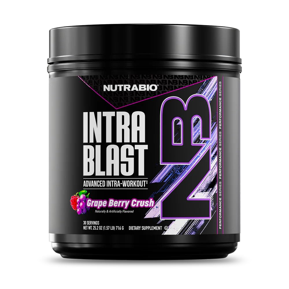 NutraBio Intra Blast frente del envase mostrando diseño y sabor Grape Berry Crush, beneficio claridad ingredientes