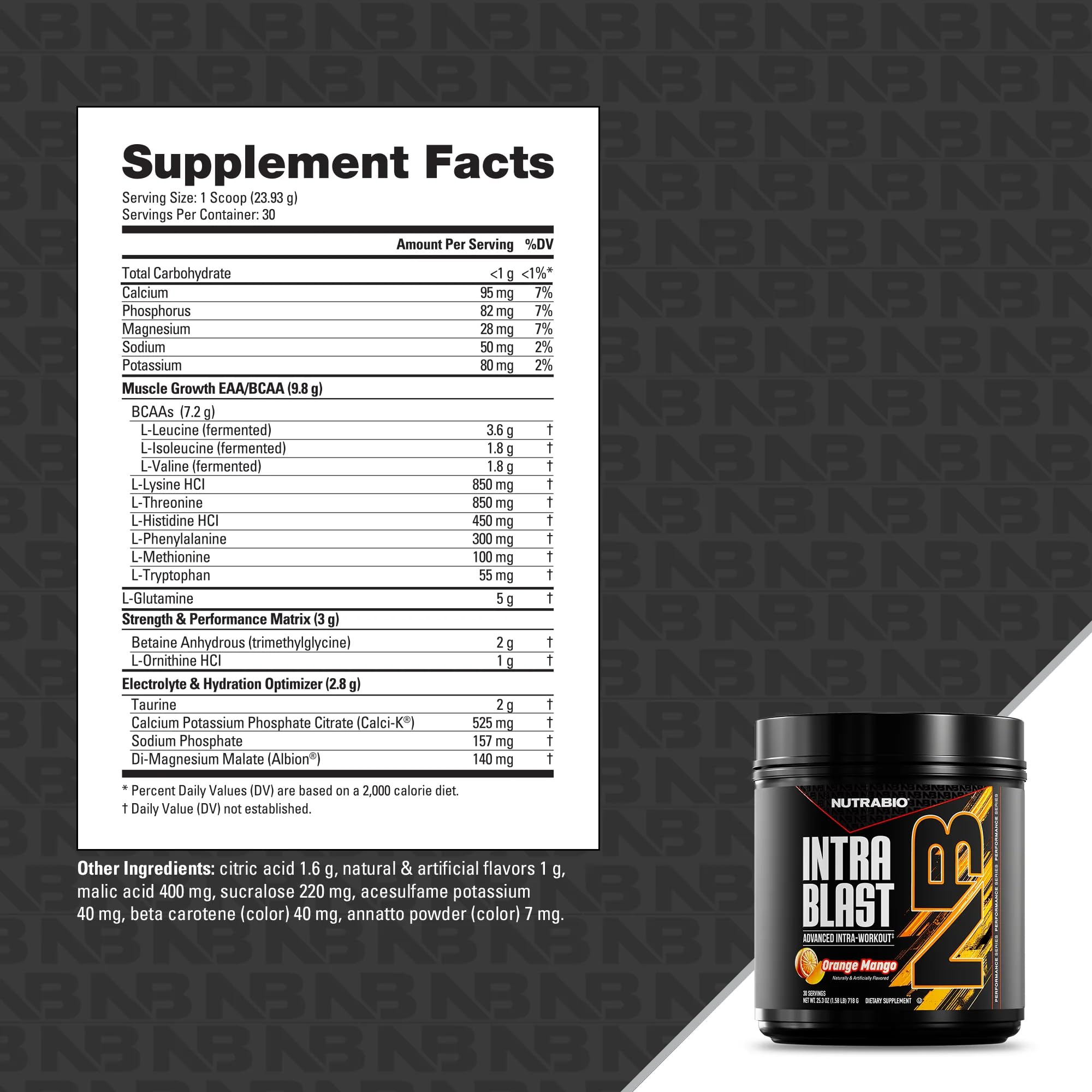 NutraBio Intra Blast servicio sabor naranja mango apetecible y refrescante